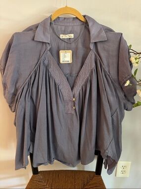 We The Free Slate Blue Relaxed V-Neck Peasant Blouse